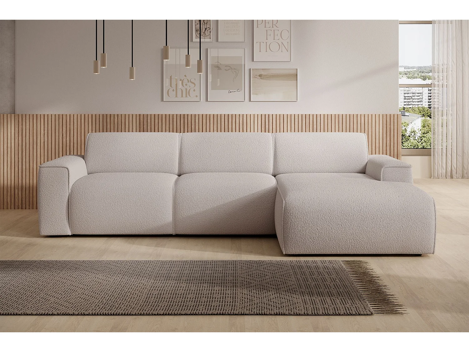 Hoekbank – ottomane rechts – lichtbeige – bouclé – BOUVI