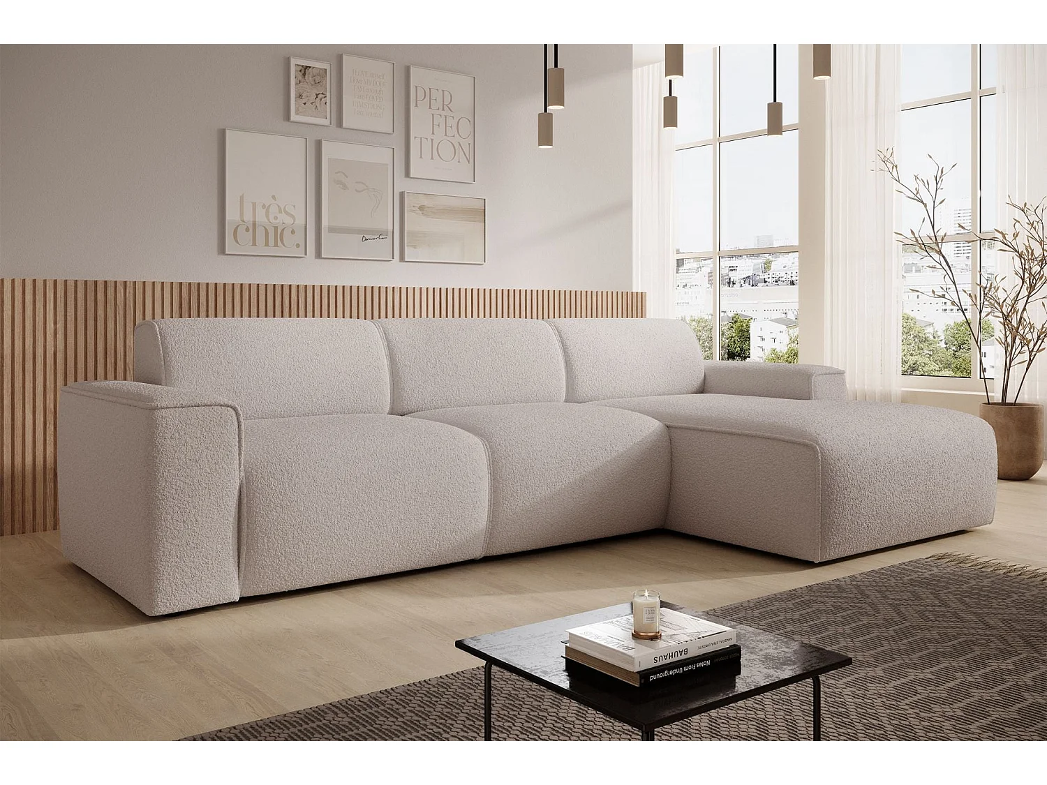 Ecksofa – Ottomane rechts – hellbeige – Bouclé – BOUVI