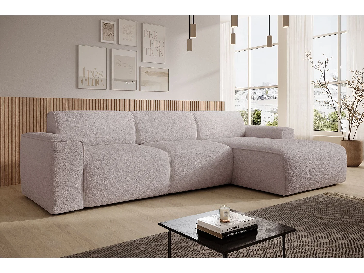 Hoekbank – ottomane rechts – beige – bouclé – BOUVI