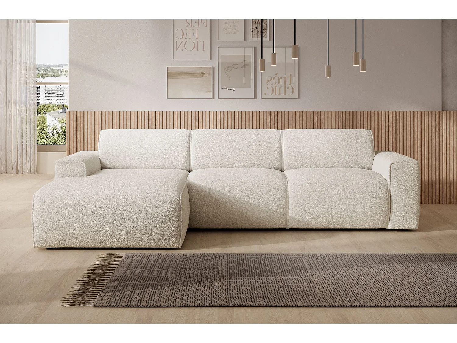Ecksofa – Ottomane links – creme – Bouclé – BOUVI