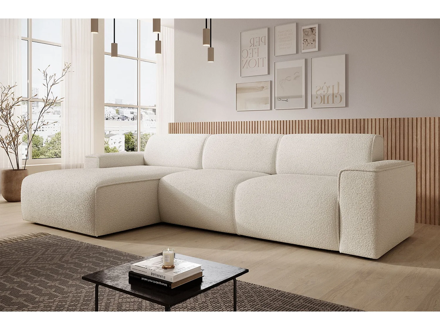 Ecksofa – Ottomane links – creme – Bouclé – BOUVI