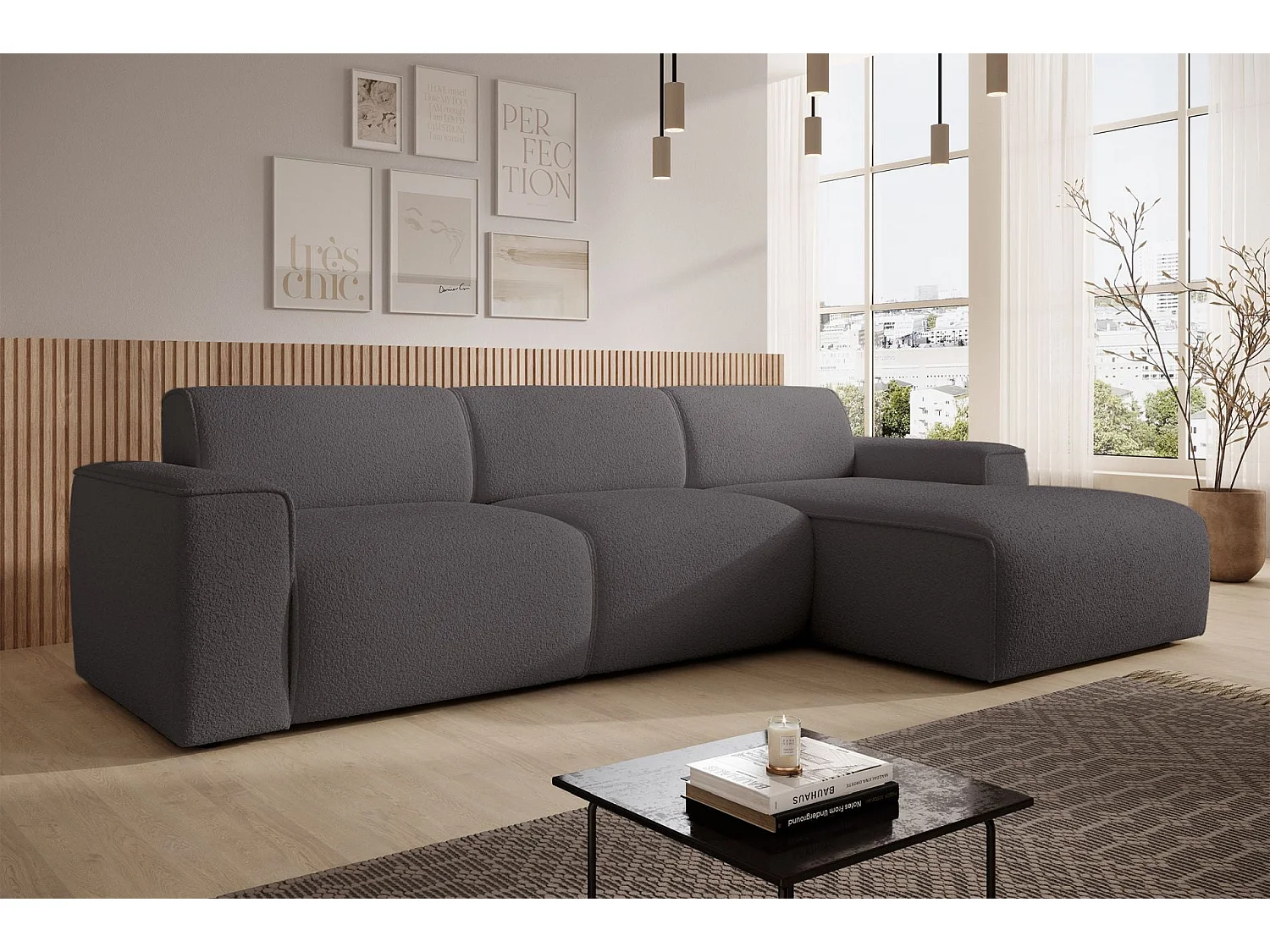 Hoekbank – ottomane rechts – donkergrijs – bouclé – BOUVI