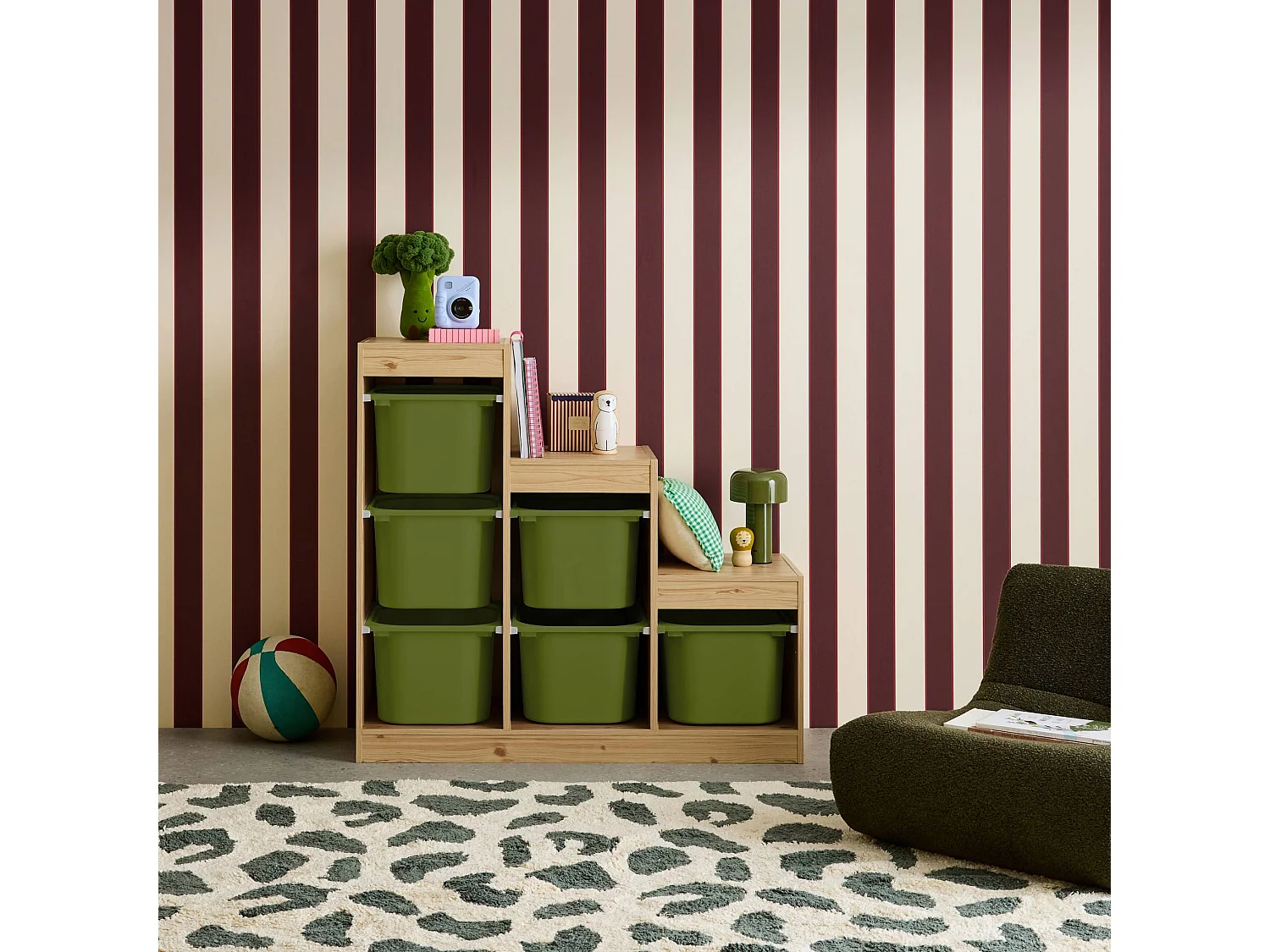 Meuble de rangement enfant escalier 6 bacs de rangement décor bois naturel et kaki - Sora