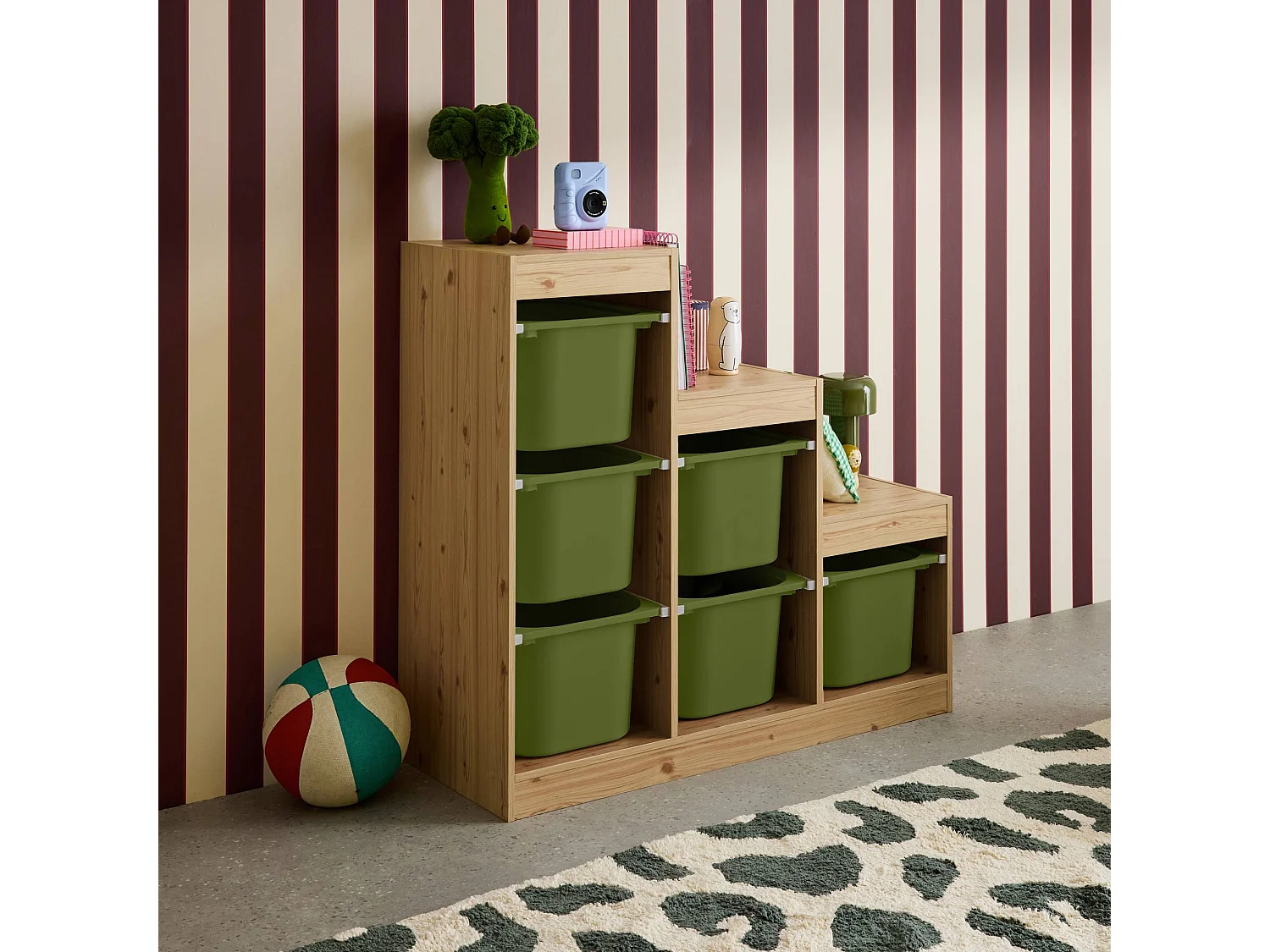 Meuble de rangement enfant escalier 6 bacs de rangement décor bois naturel et kaki - Sora