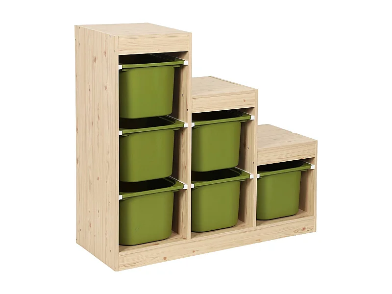 Meuble de rangement enfant escalier 6 bacs de rangement décor bois naturel et kaki - Sora