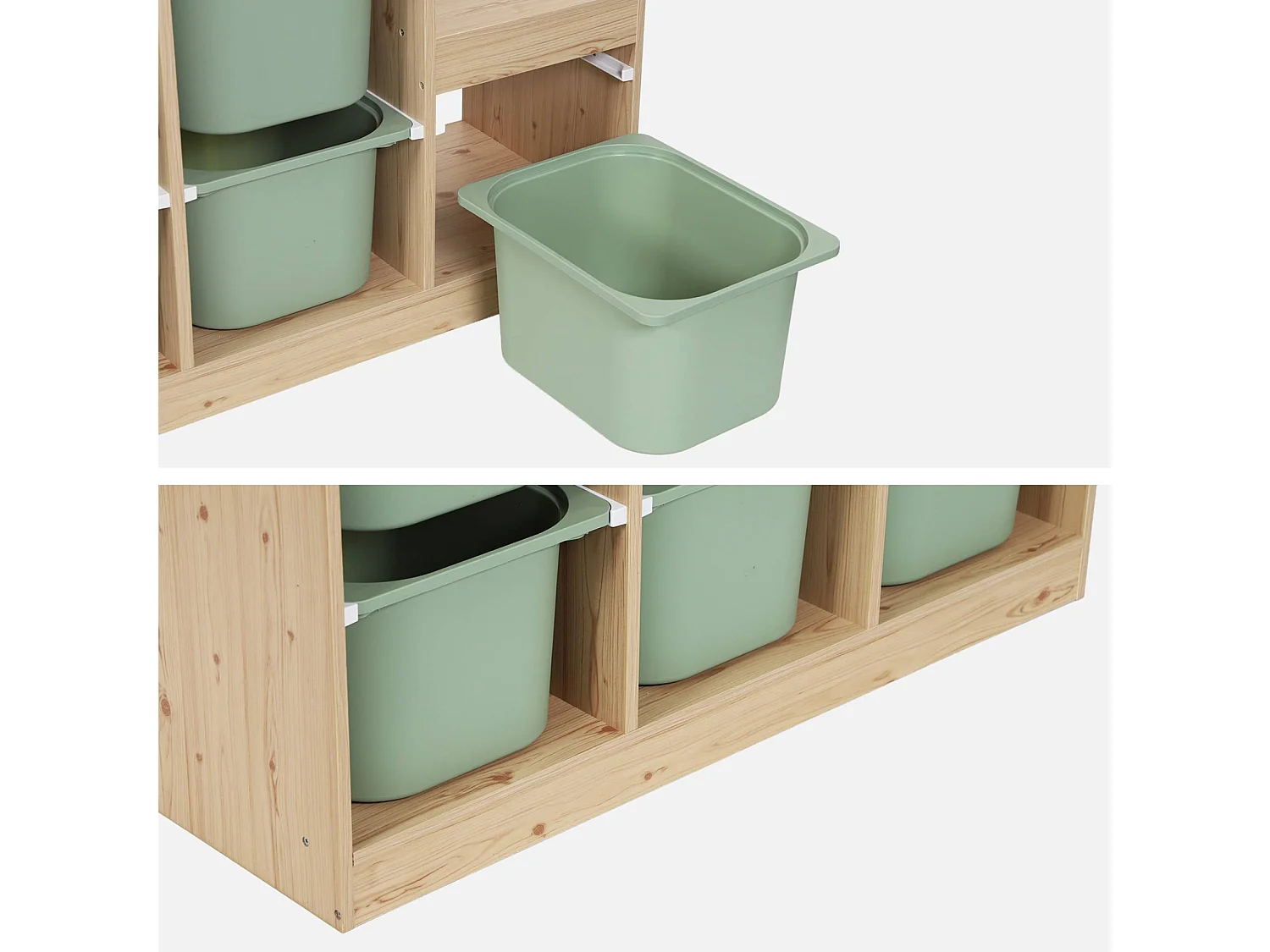 Meuble de rangement enfant escalier 6 bacs de rangement décor bois naturel et vert de gris - Sora