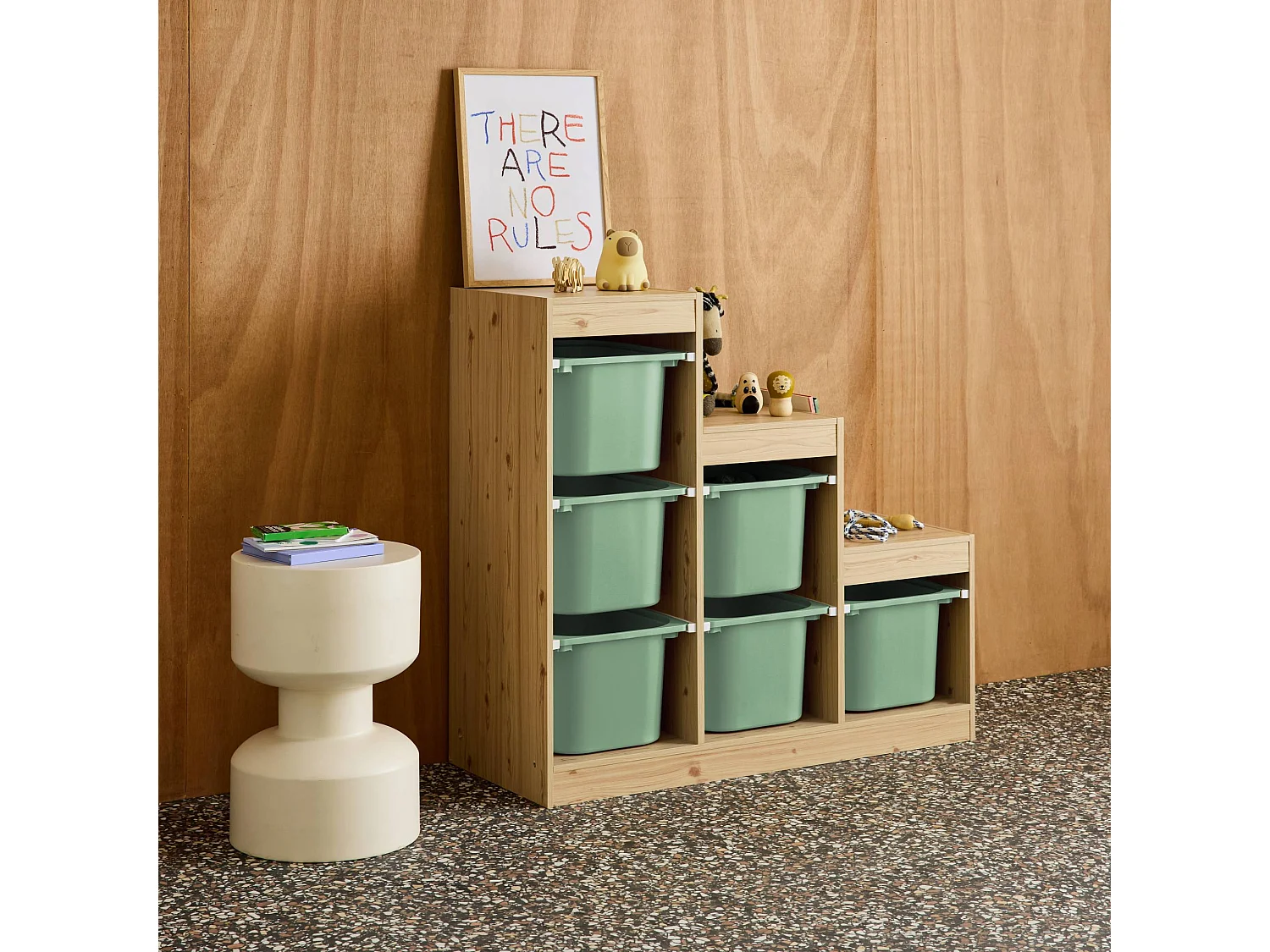 Mobile contenitore per bambini a scala con 6 contenitori, verde grigio