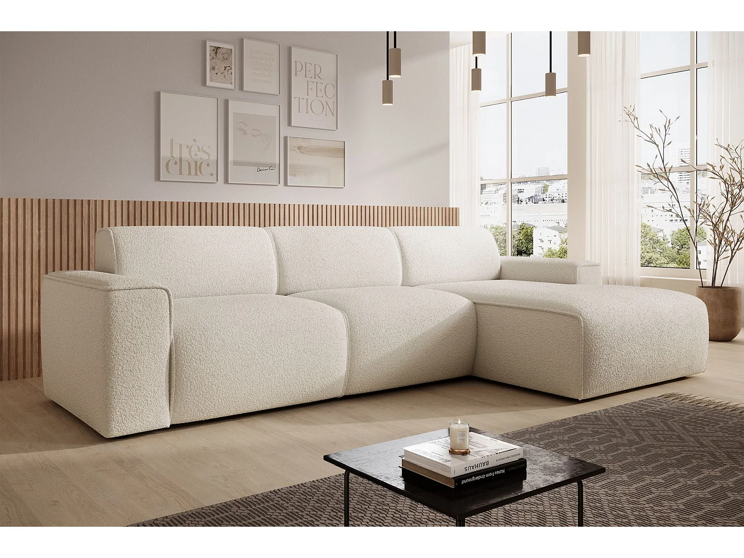 Hoekbank – ottomane rechts – crème – bouclé – BOUVI