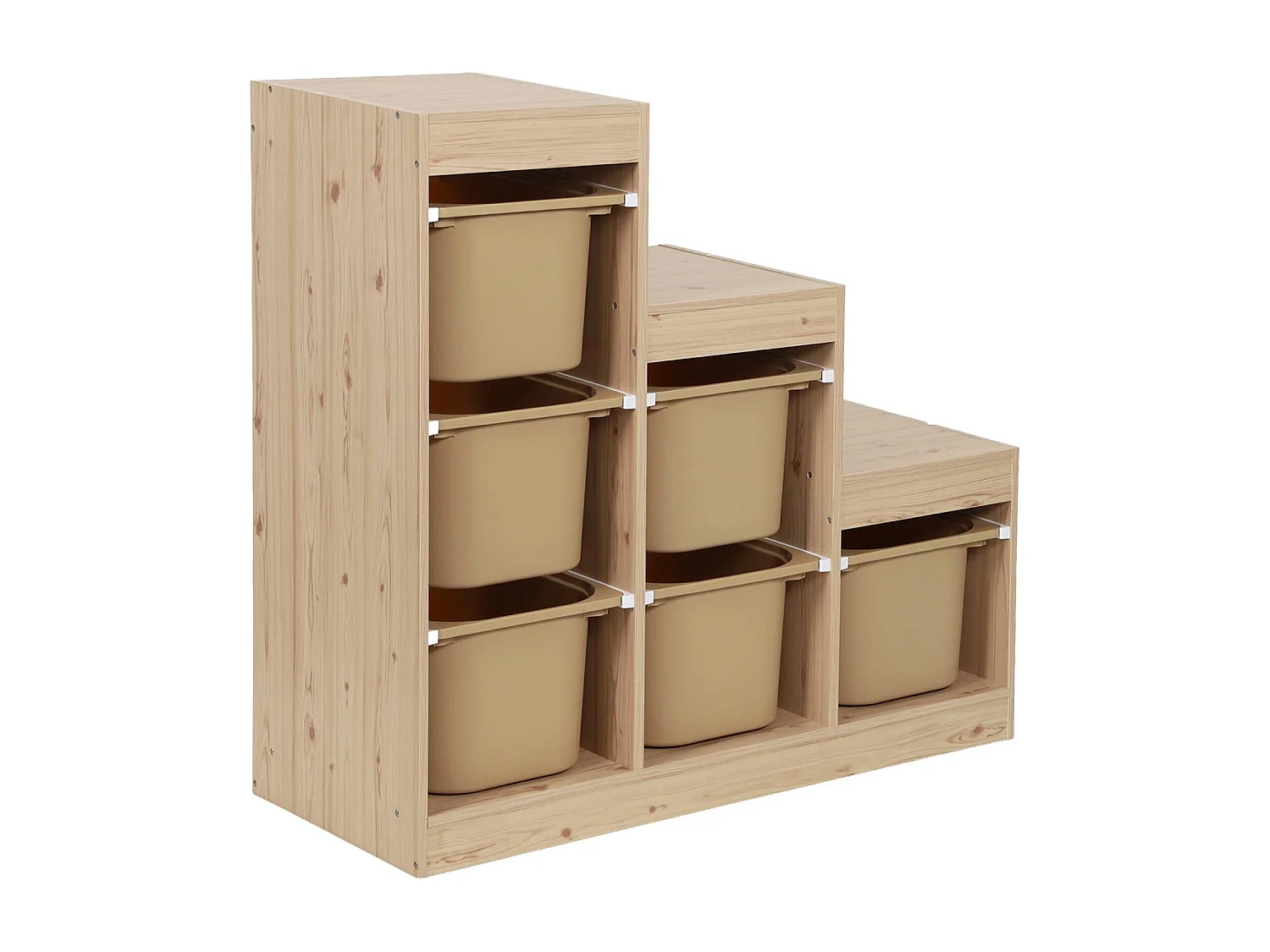 Meuble de rangement enfant escalier 6 bacs de rangement décor bois naturel et beige - Sora