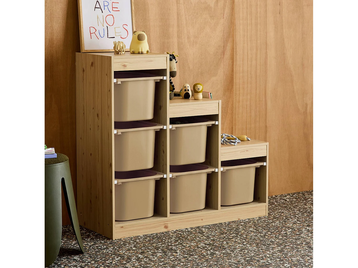 Mobile contenitore per bambini a scala con 6 contenitori, beige
