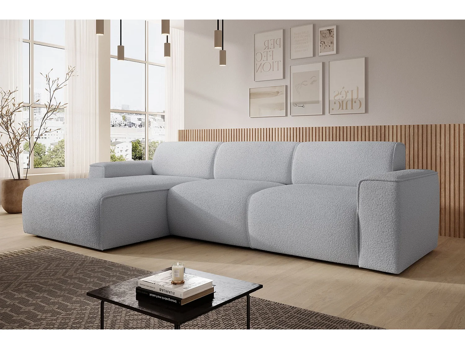 Hoekbank – ottomane links – lichtgrijs – bouclé – BOUVI