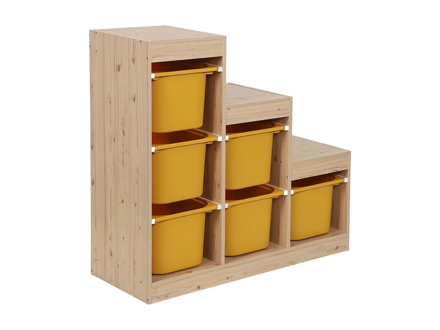 Meuble de rangement enfant escalier 6 bacs de rangement décor bois naturel et moutarde - Sora