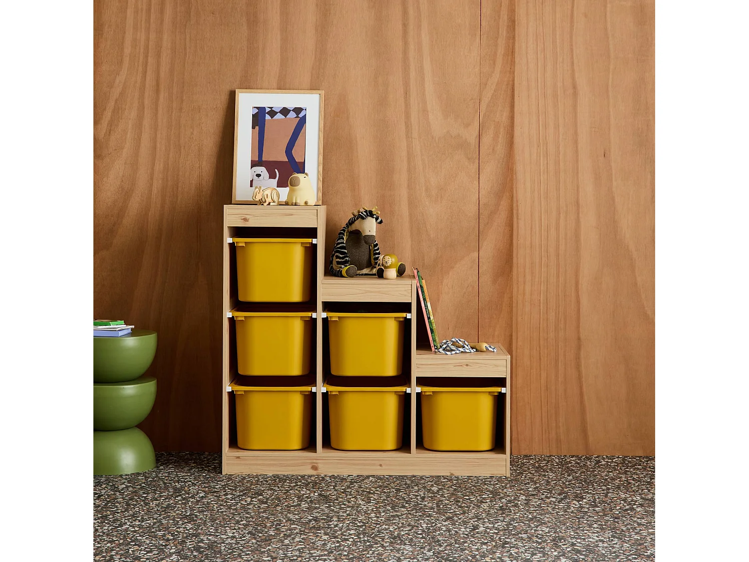 Mobile contenitore per bambini a scala con 6 contenitori, mostarda