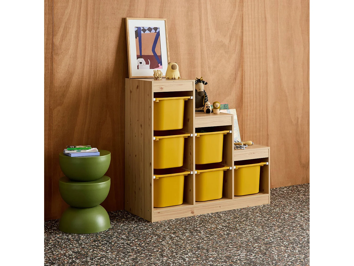 Mobile contenitore per bambini a scala con 6 contenitori, mostarda