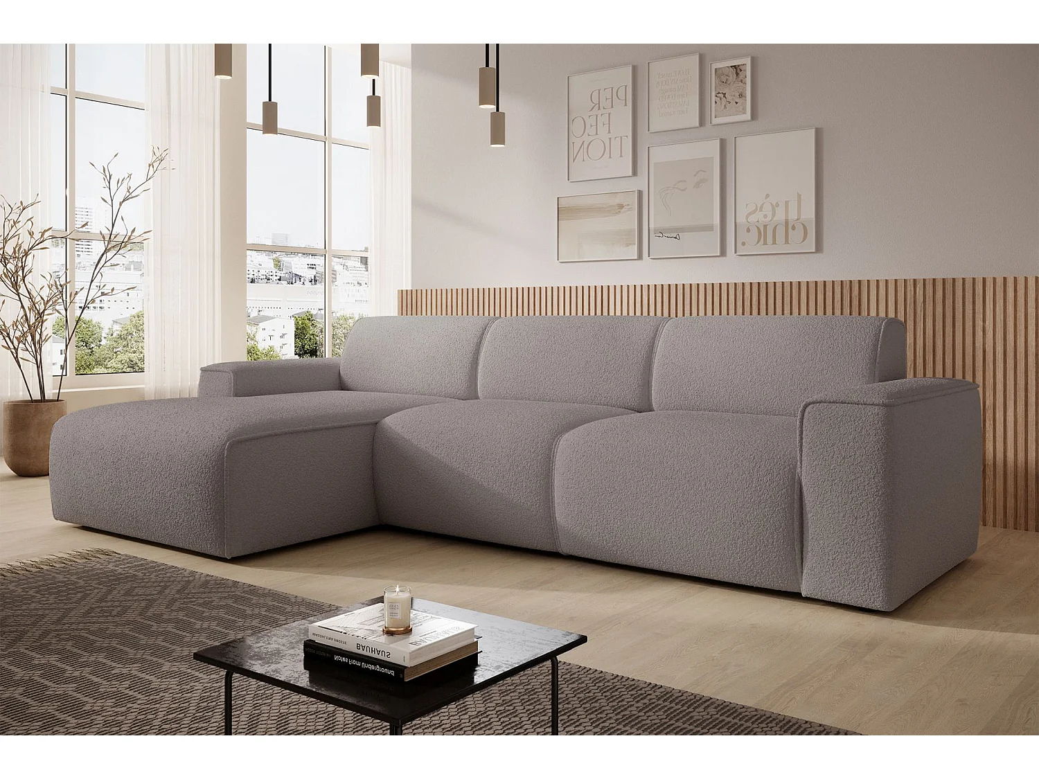 Hoekbank – ottomane links – taupe – bouclé – BOUVI