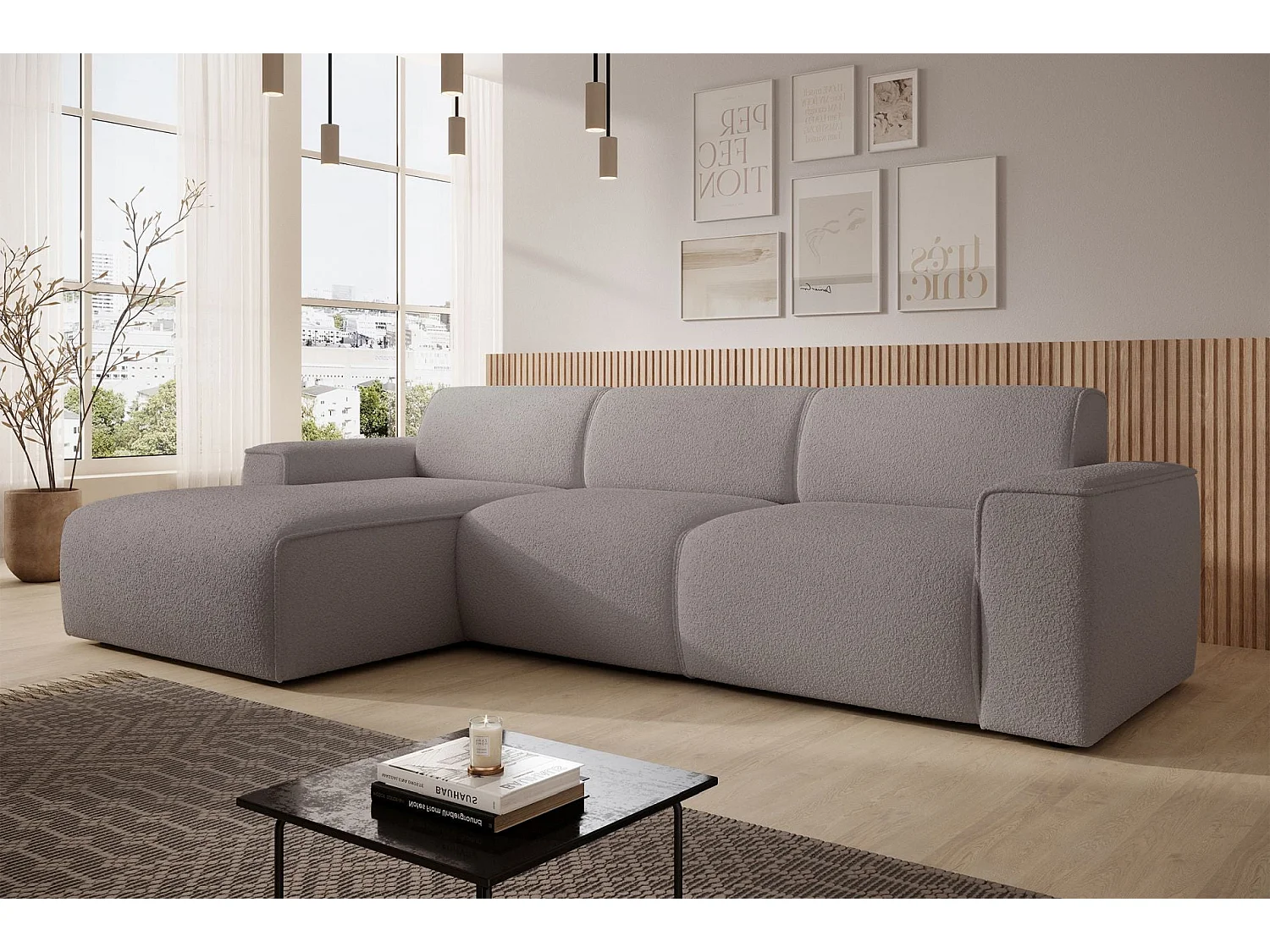 Hoekbank – ottomane links – taupe – bouclé – BOUVI