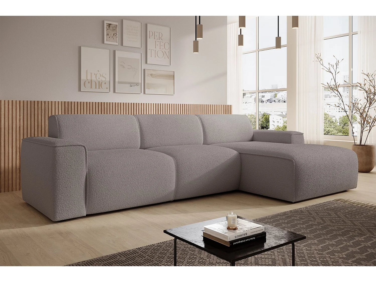 Hoekbank – ottomane rechts – taupe – bouclé – BOUVI