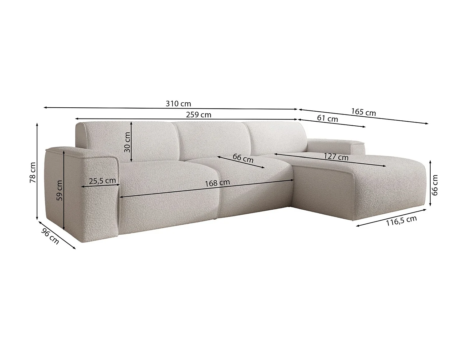Hoekbank – ottomane rechts – taupe – bouclé – BOUVI