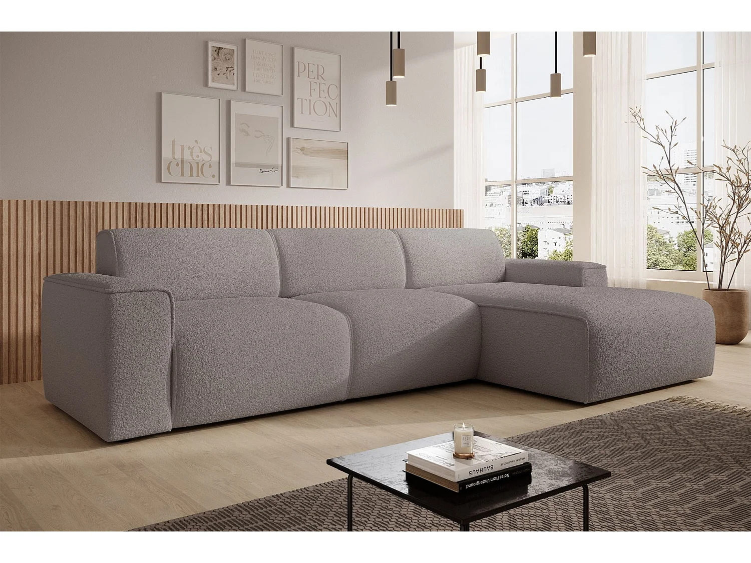 Hoekbank – ottomane rechts – taupe – bouclé – BOUVI