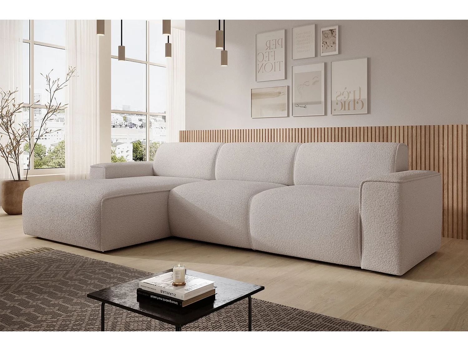 Hoekbank – ottomane links – lichtbeige – bouclé – BOUVI