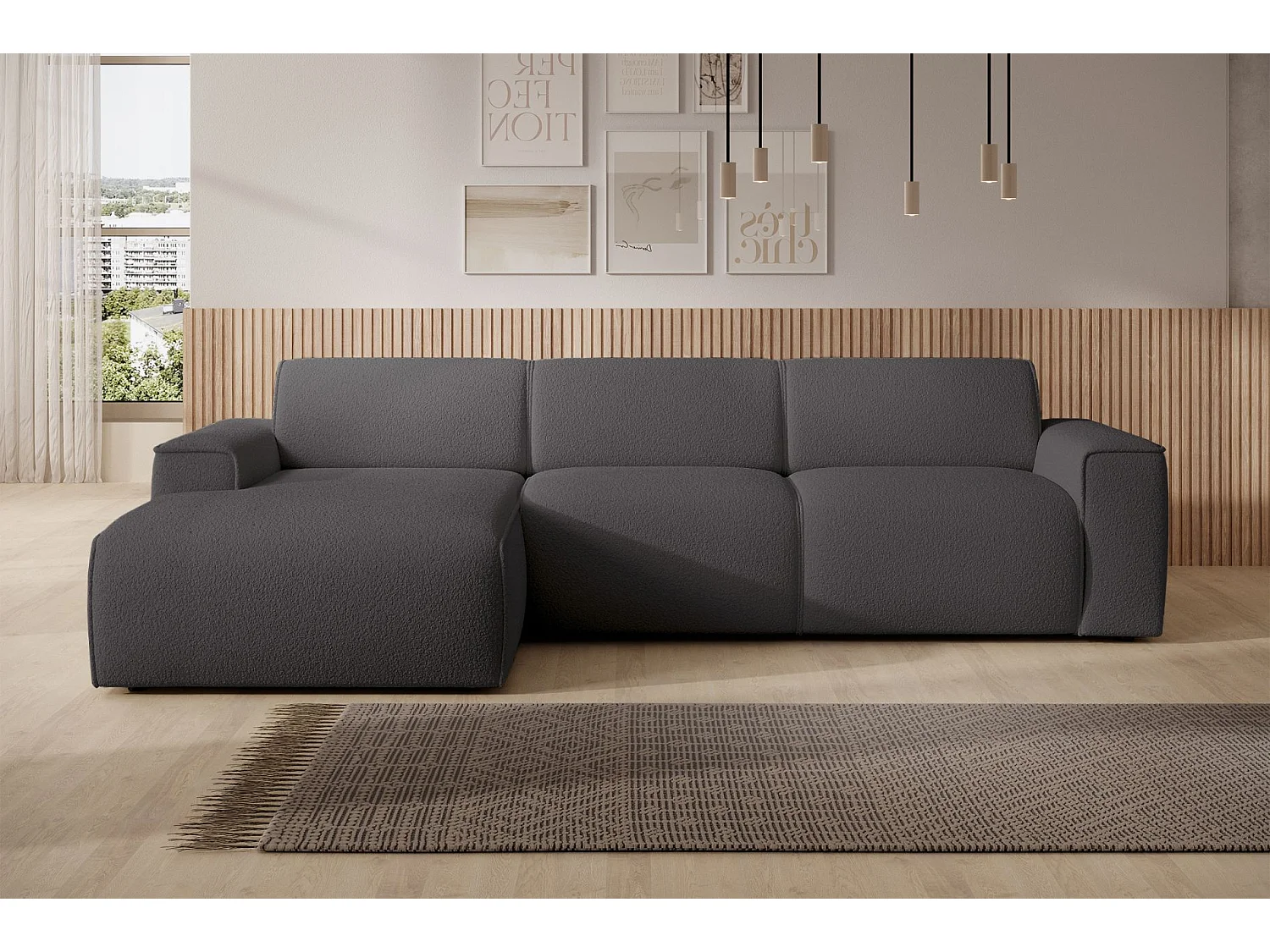 Hoekbank – ottomane links – donkergrijs – bouclé – BOUVI