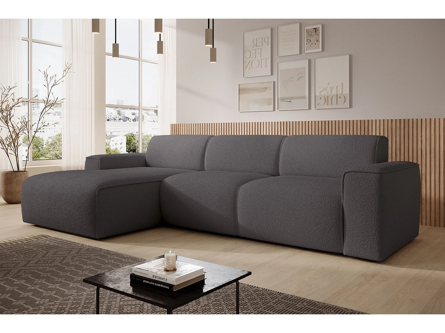 Hoekbank – ottomane links – donkergrijs – bouclé – BOUVI