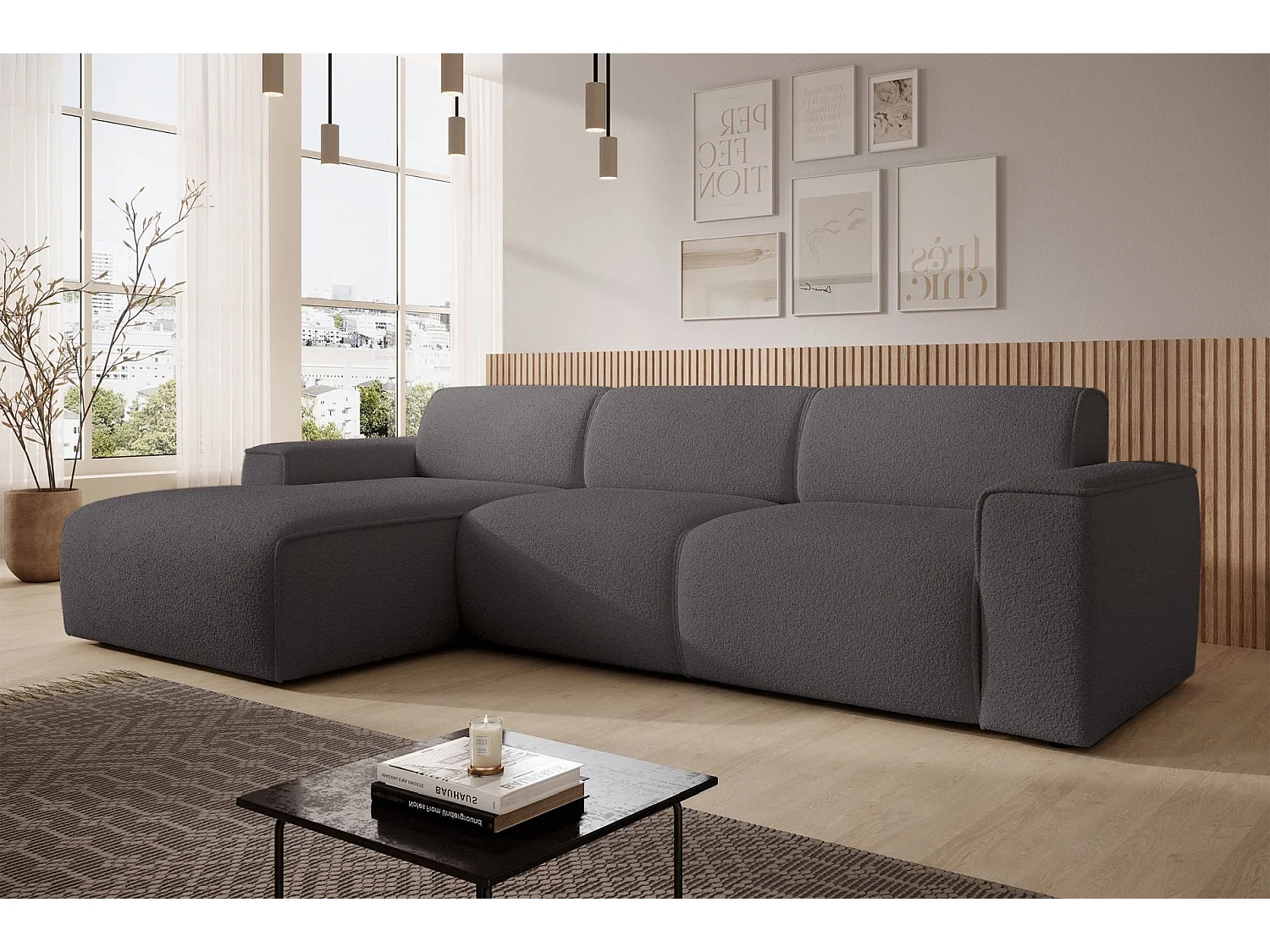 Hoekbank – ottomane links – donkergrijs – bouclé – BOUVI