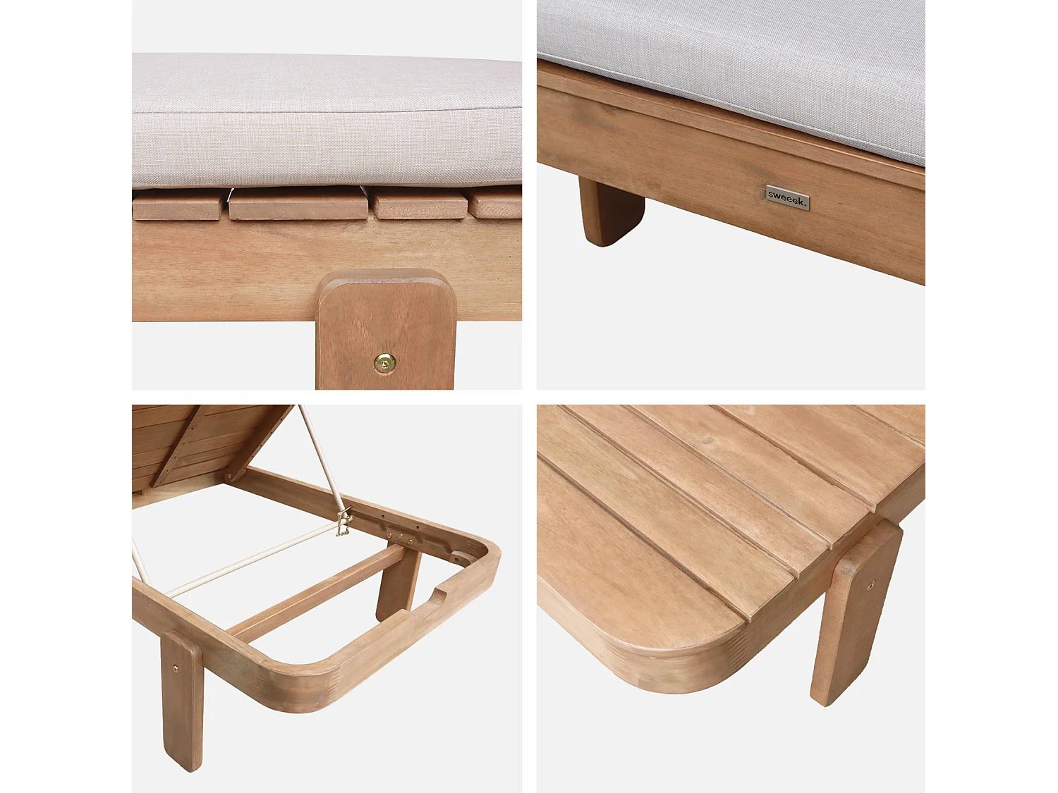 Lettino prendisole in legno di acacia multi-posizione con cuscino,