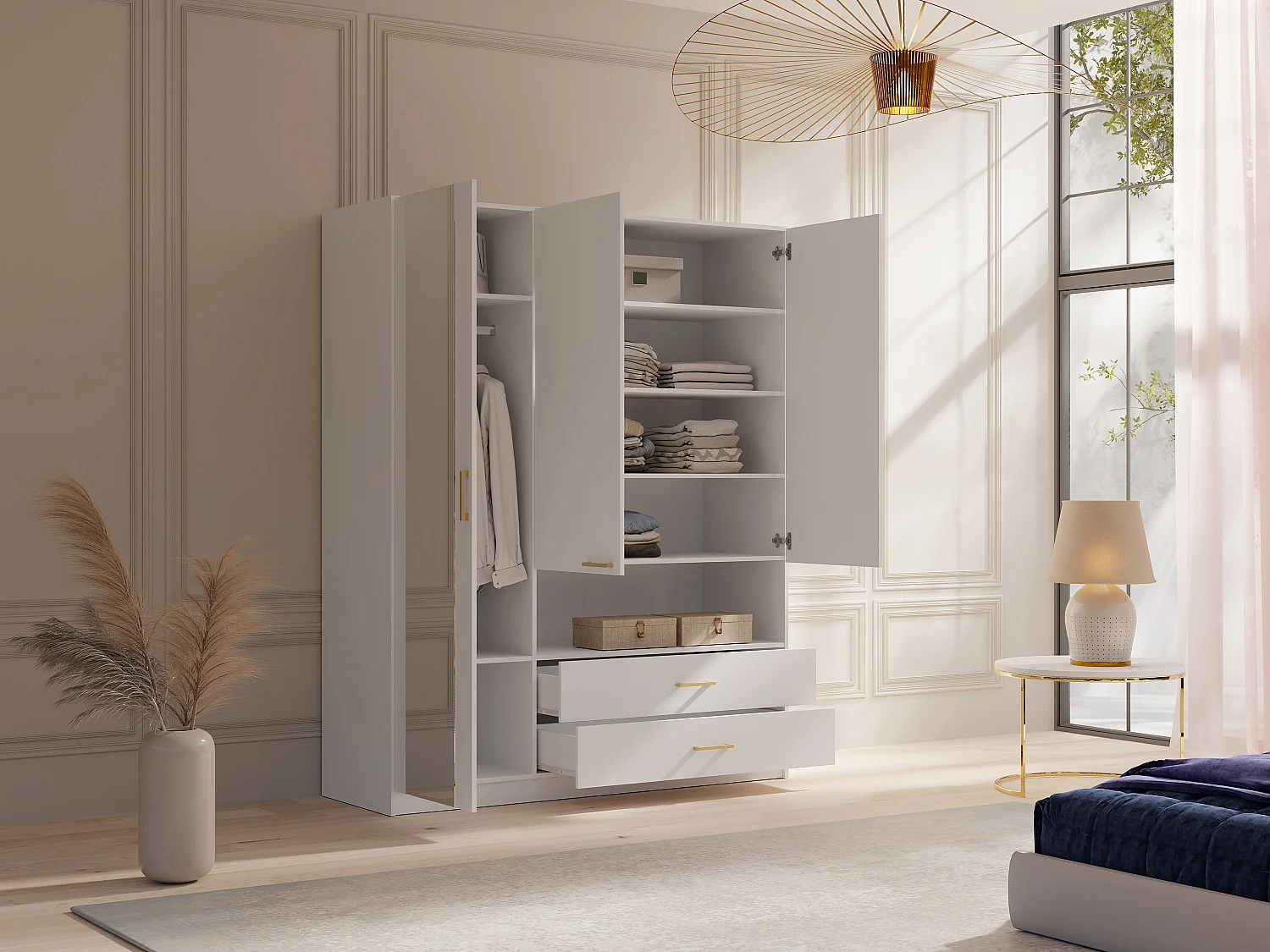 Armoire 3 portes, 2 tiroirs et 1 niche – Avec miroir – L160 cm – Blanc - LYRIANO