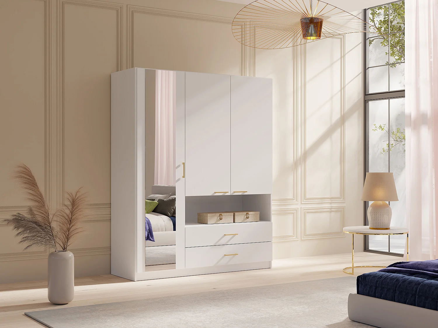 Armoire 3 portes, 2 tiroirs et 1 niche – Avec miroir – L160 cm – Blanc - LYRIANO