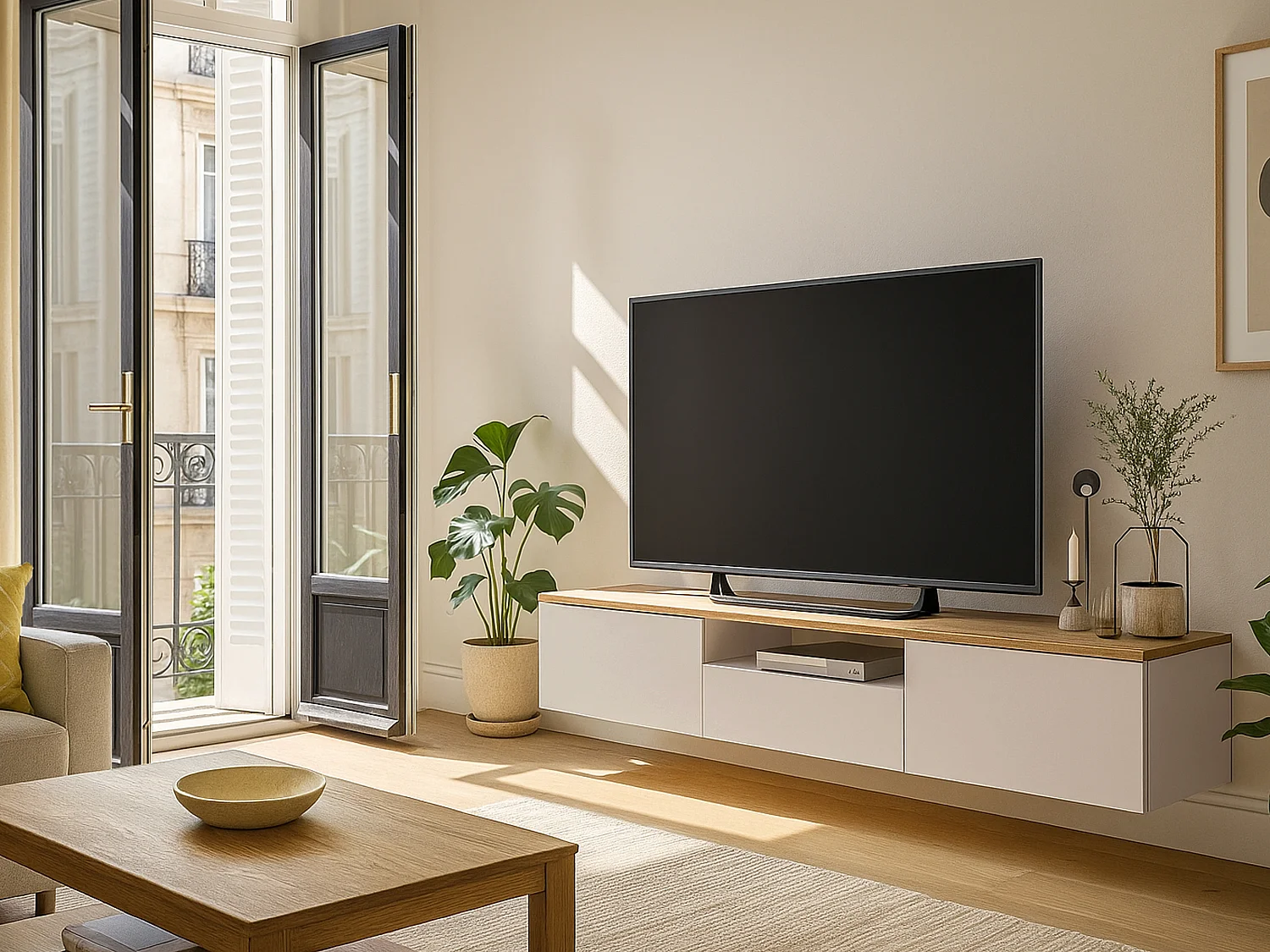 Meuble TV suspendu avec 3 portes et 1 niche - Beige et naturel - LOTULA