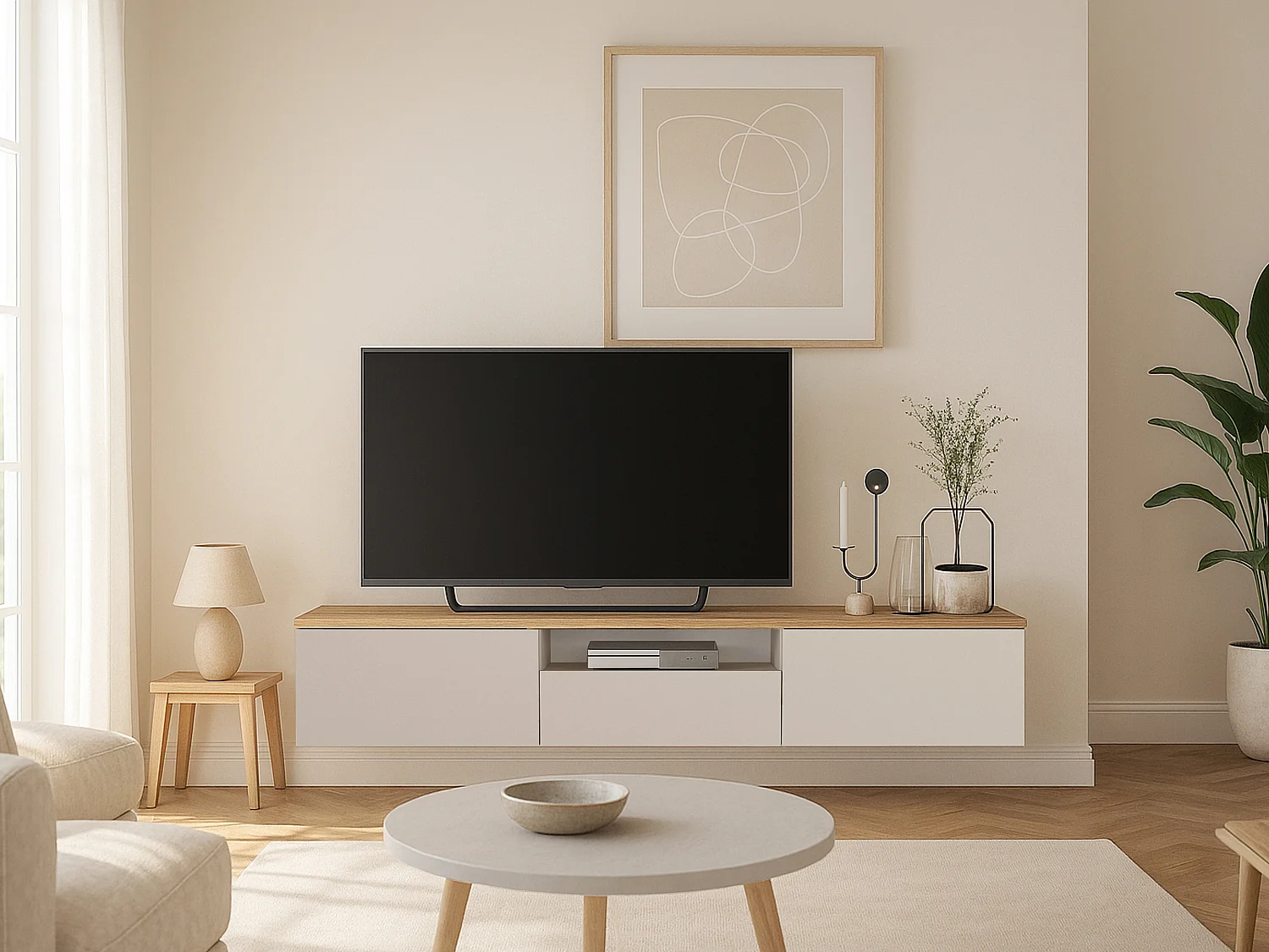 Meuble TV suspendu avec 3 portes et 1 niche - Beige et naturel - LOTULA