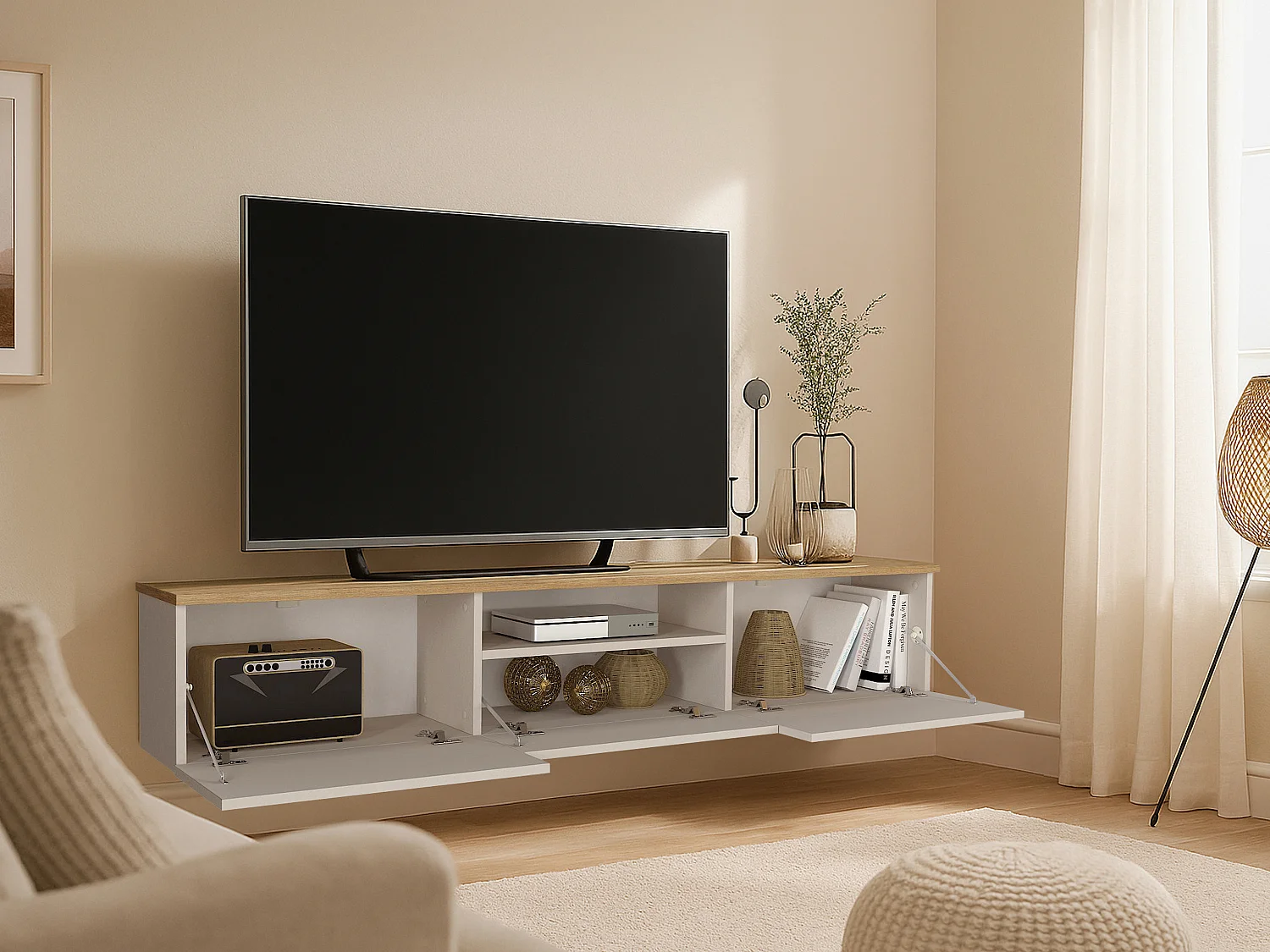 Meuble TV suspendu avec 3 portes et 1 niche - Beige et naturel - LOTULA