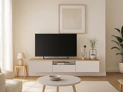Floating TV unit with 3 doors and 1 niche - Beige and natural - LOTULA