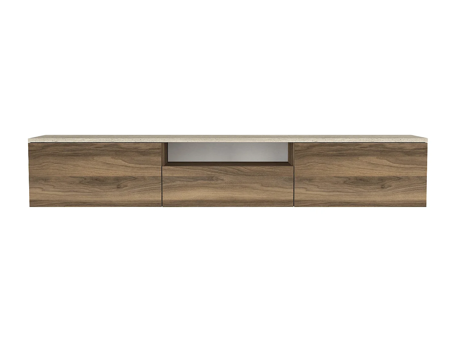 Meuble TV suspendu avec 3 portes et 1 niche - Naturel foncé et effet travertin beige - LOTULA