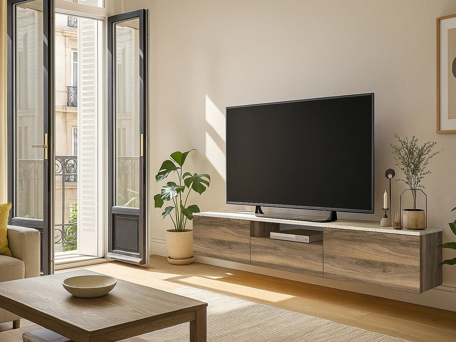 Meuble TV suspendu avec 3 portes et 1 niche - Naturel foncé et effet travertin beige - LOTULA