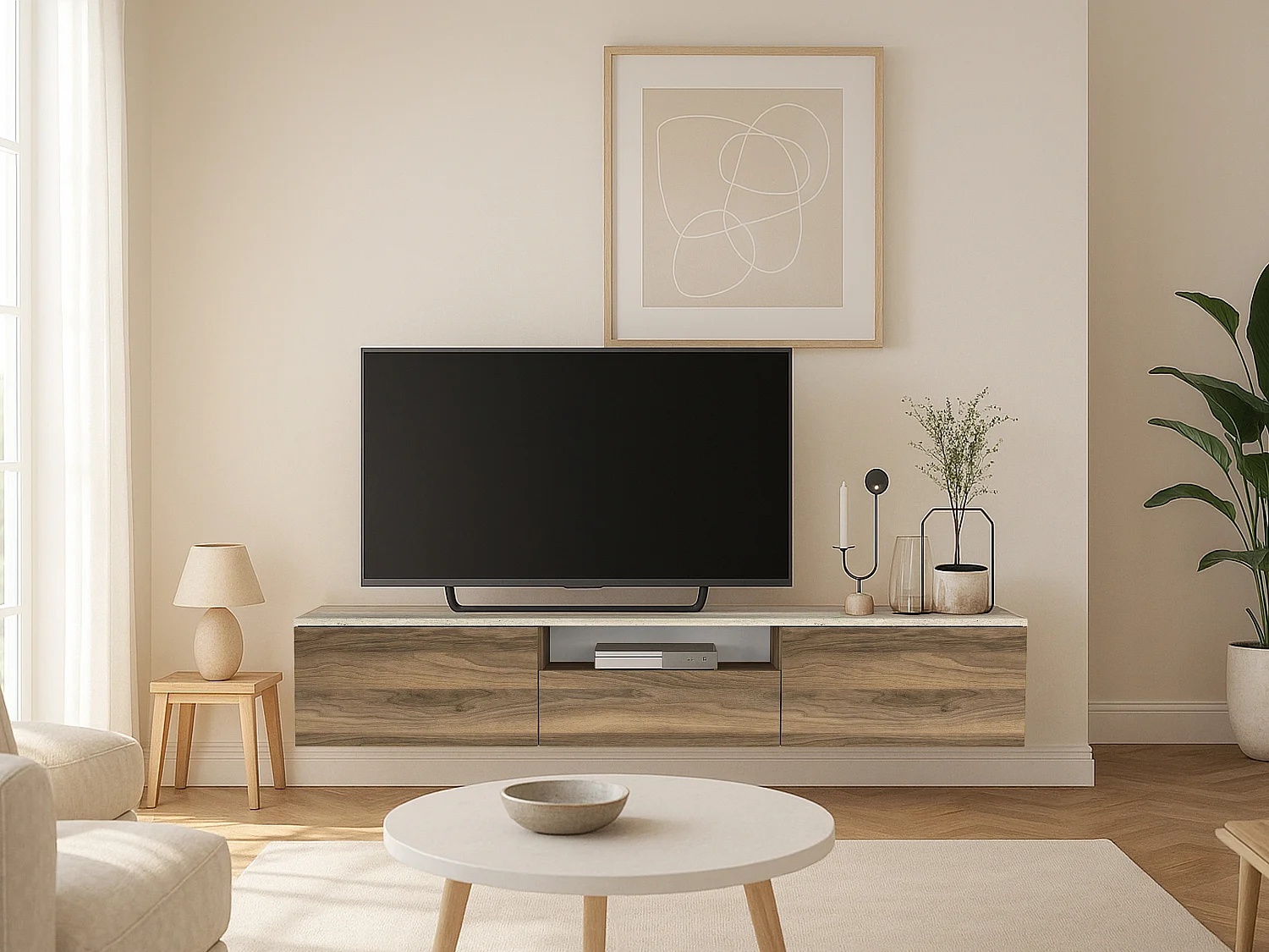Meuble TV suspendu avec 3 portes et 1 niche - Naturel foncé et effet travertin beige - LOTULA