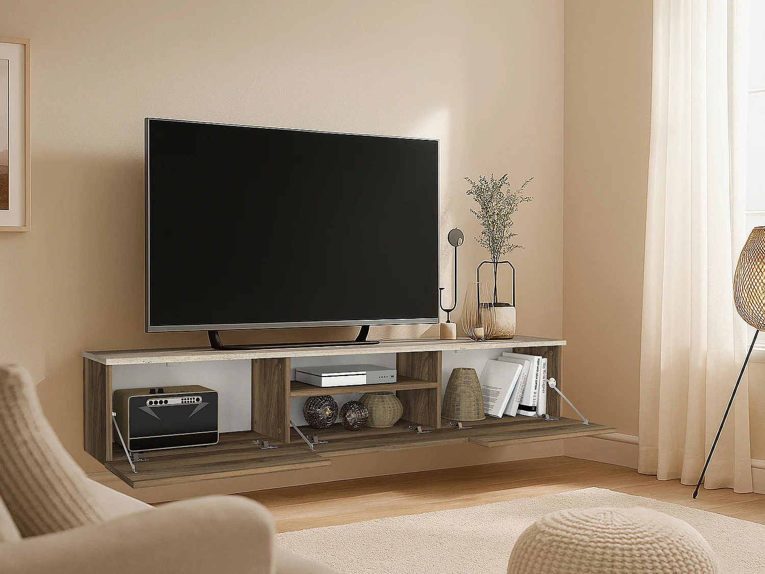 Meuble TV suspendu avec 3 portes et 1 niche - Naturel foncé et effet travertin beige - LOTULA