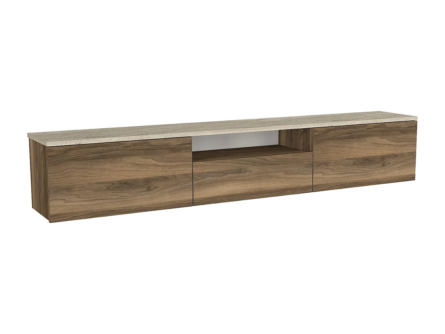 Meuble TV suspendu avec 3 portes et 1 niche - Naturel foncé et effet travertin beige - LOTULA