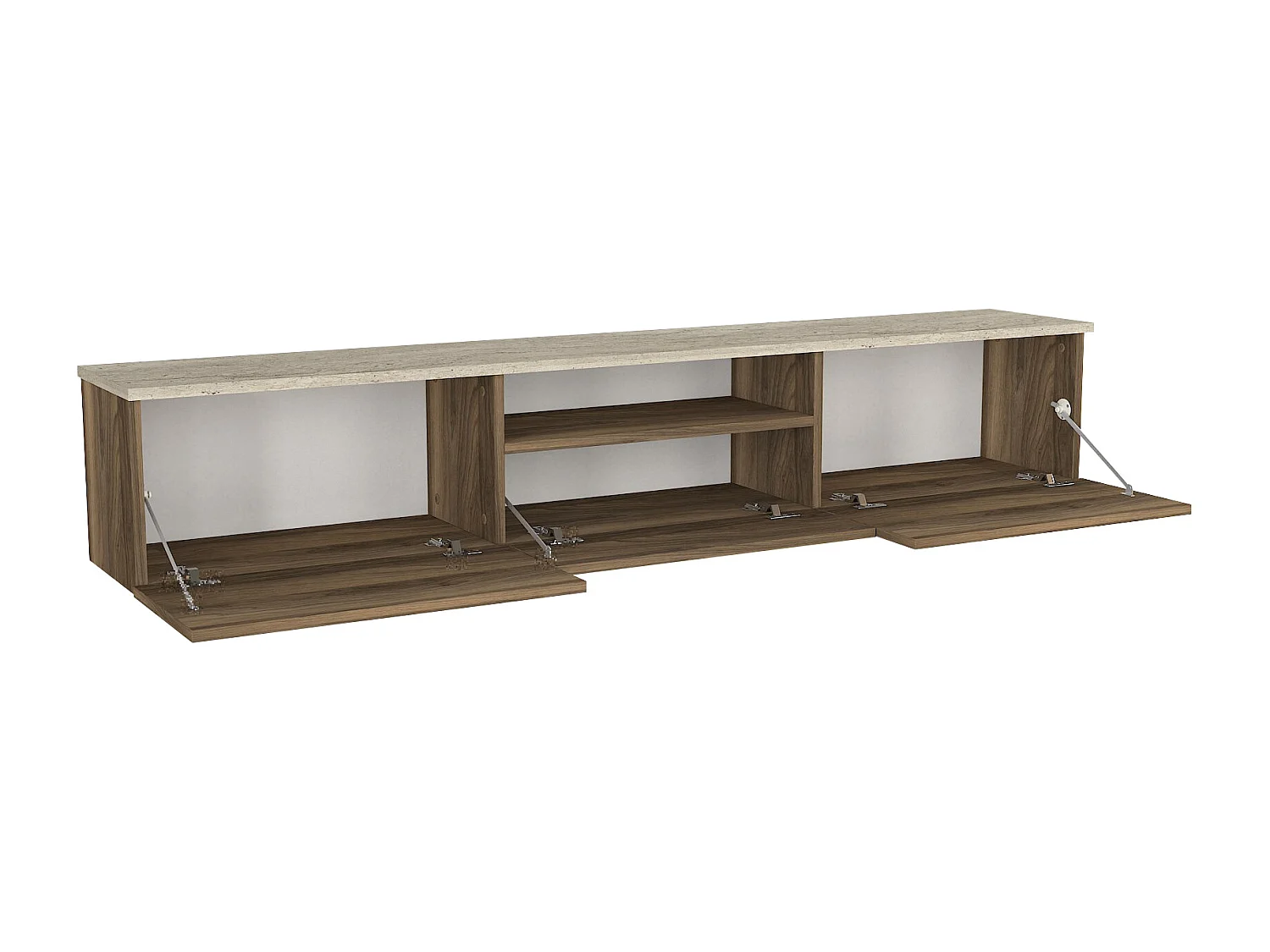 Meuble TV suspendu avec 3 portes et 1 niche - Naturel foncé et effet travertin beige - LOTULA