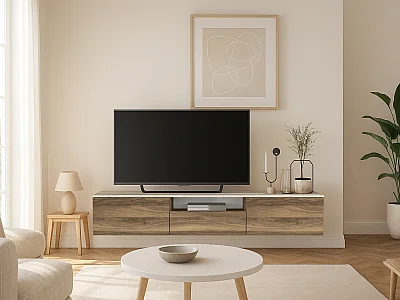 Hengende TV-møbel med 3 dører og 1 nisje - Mørk natur og beige travertin-effekt - LOTULA