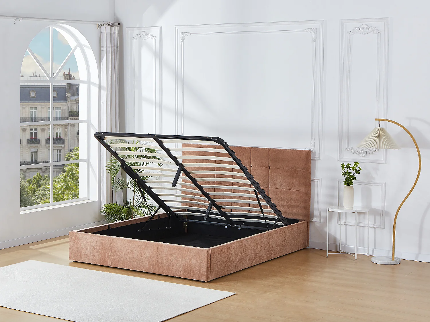 Lit coffre 140 × 190 cm – Tissu – Terracotta – HOPEYA