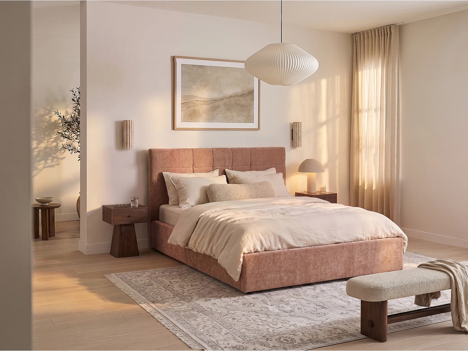 Lit coffre 140 × 190 cm – Tissu – Terracotta – HOPEYA