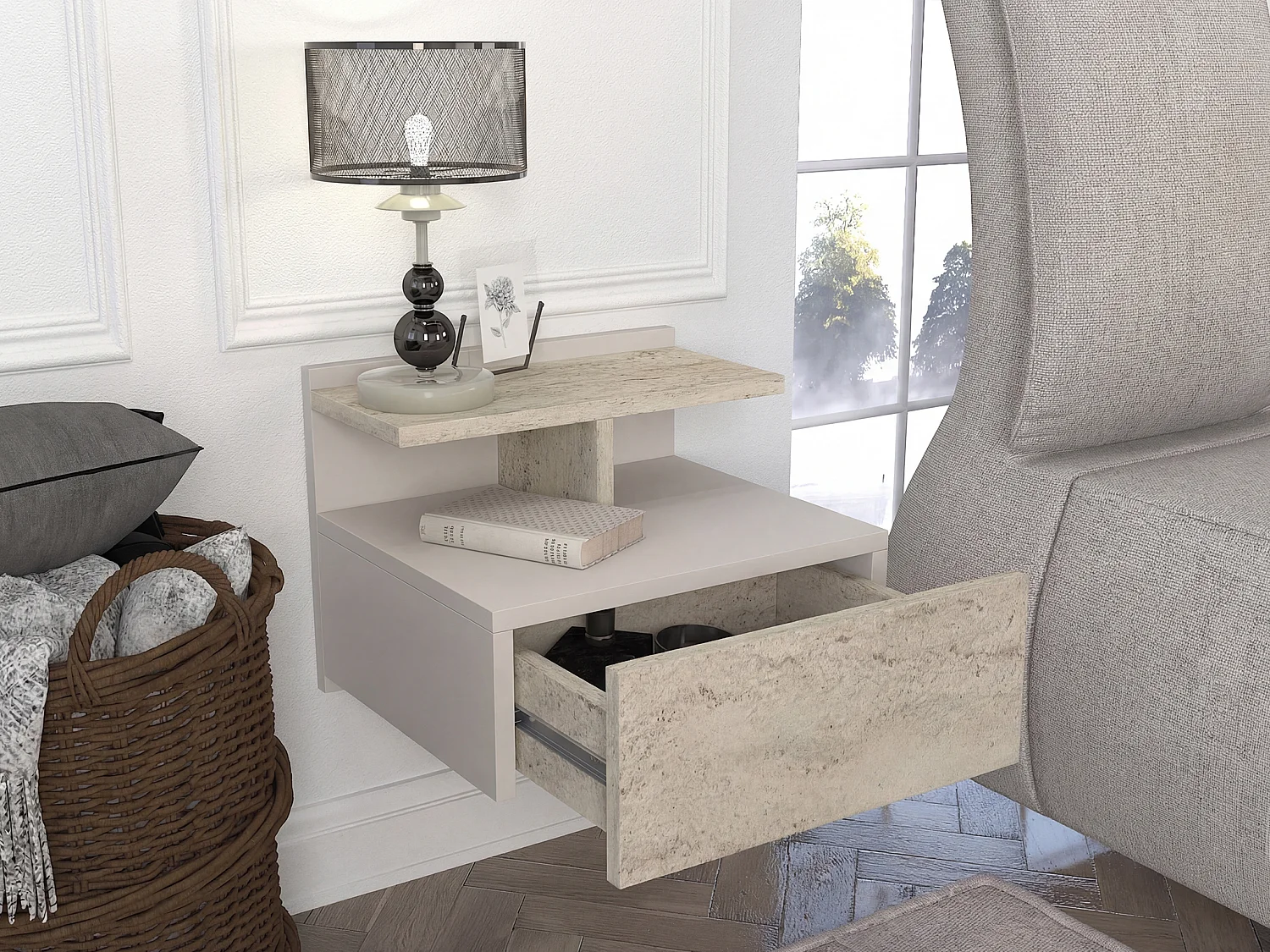 Table de chevet suspendue – 1 tiroir – Effet travertin beige - AZELNO