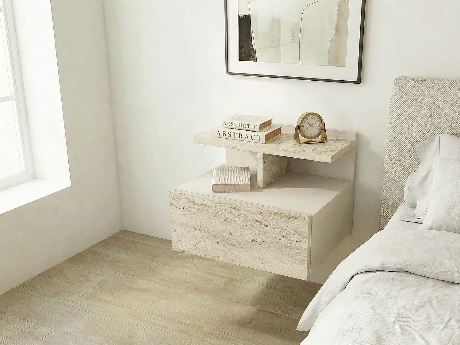 Mesita de noche suspendida - 1 cajón - Efecto travertino beige - AZELNO