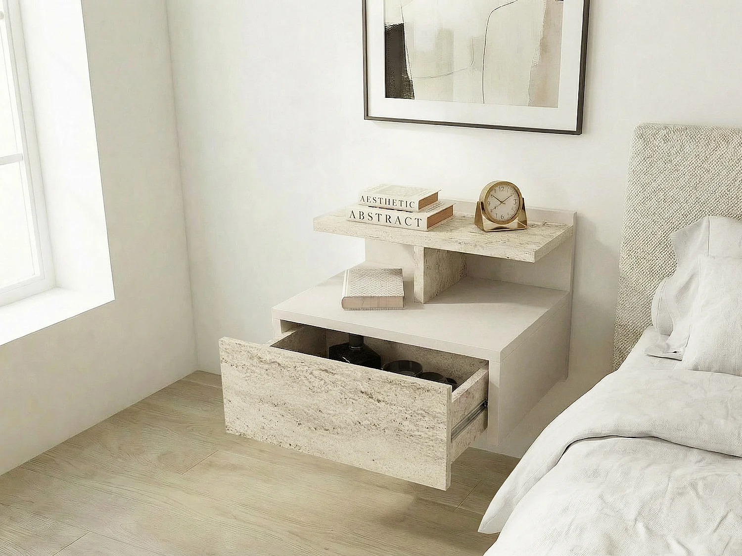 Mesita de noche suspendida - 1 cajón - Efecto travertino beige - AZELNO