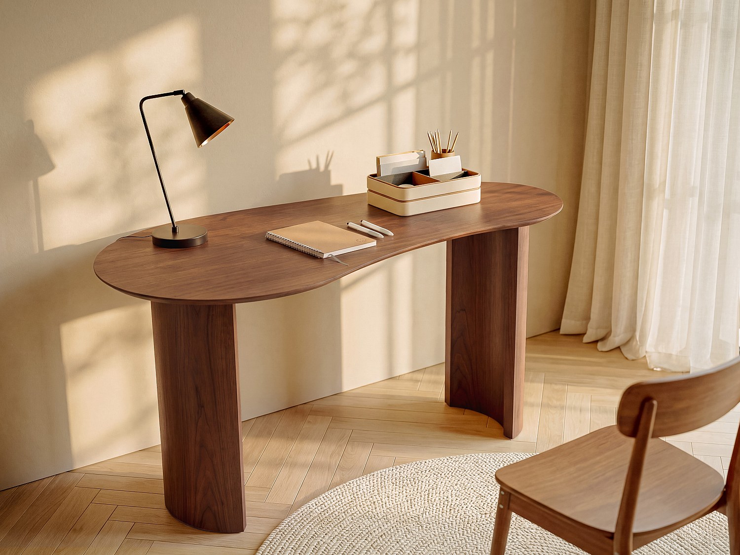 Schreibtisch mit abgerundeter Form - Nussbaumfurnier - Naturfarben dunkel - ALVARYS