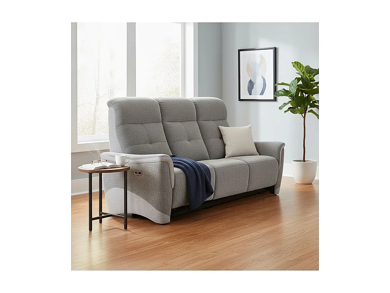 Canapé 3 places relax électrique tissu maillé ultra doux bicolore gris avec tablette centrale - AUSTRAL