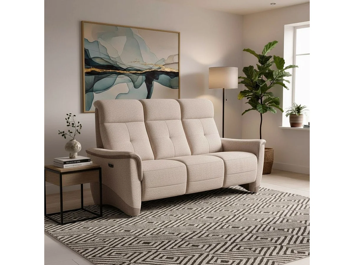 Canapé 3 places relax électrique tissu maillé ultra doux bicolore beige avec tablette centrale - AUSTRAL