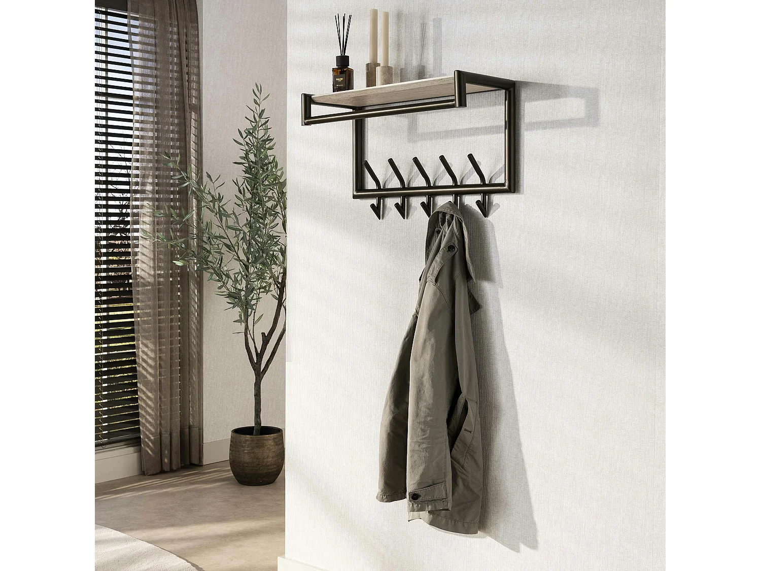 Portemanteau métal fini bronze 10 crochets 1 étagère RALF